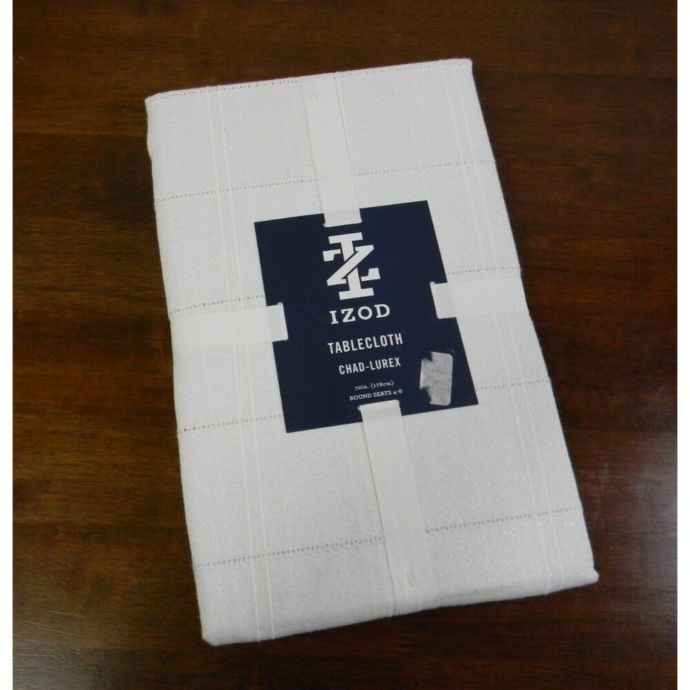Izod Tablecloth 70 in Round White w Silver Accents Holiday Washable NEW